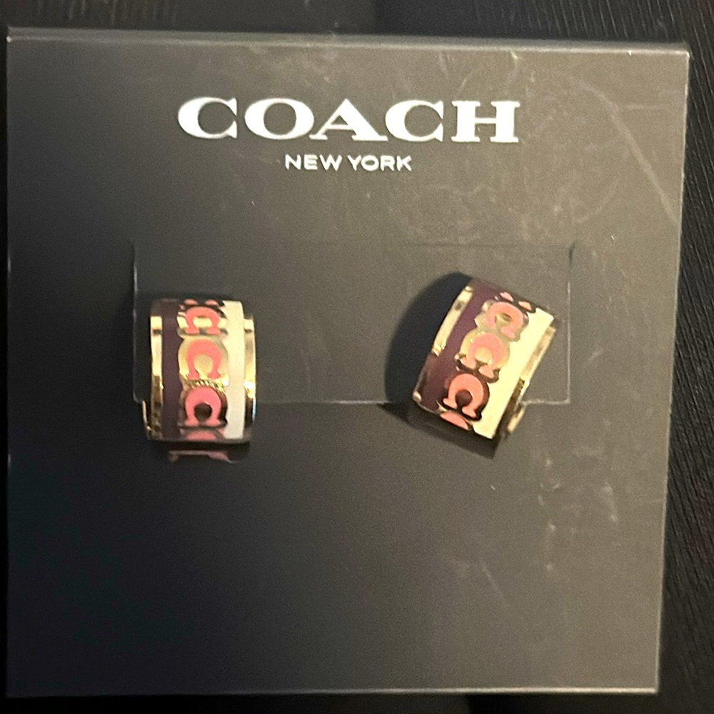NWT Coach enamel signature C motif earrings Maroon/Pink/Cream/Gold
